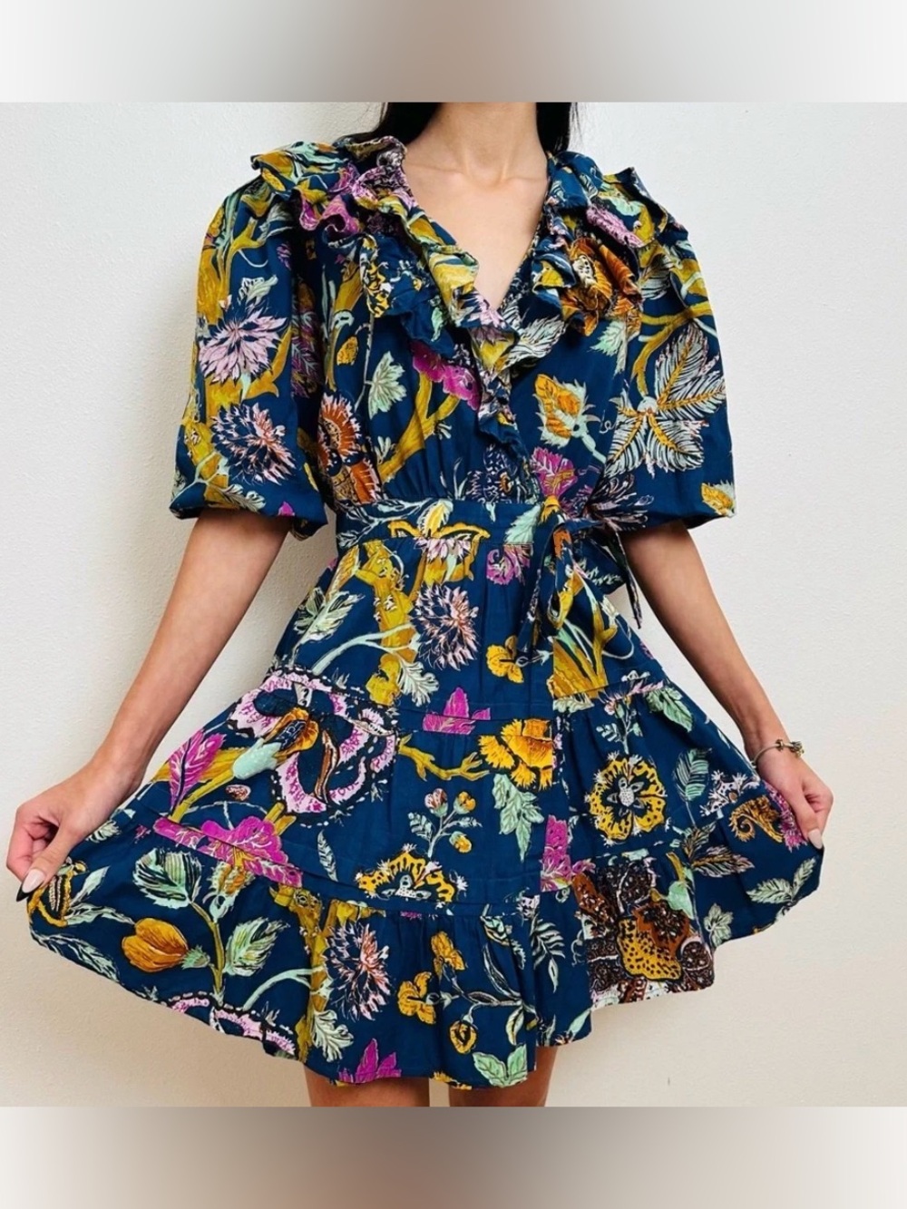 House of the Harlow Floral Ruffle Tiered Mini Wrap Dress in Navy S Romantic